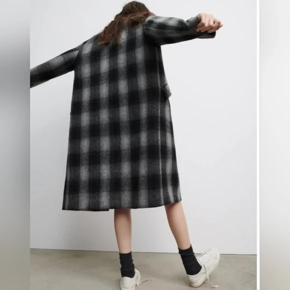 Zara - 100% Wool - Plaid Long Coat in Black and Gray - NWT!